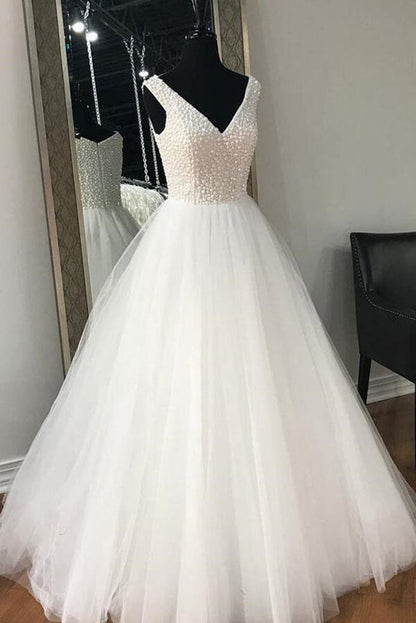 NumberSea Tulle A-line Floor-lentgh Wedding Dresses, Bridal Gown With Beading, MW620