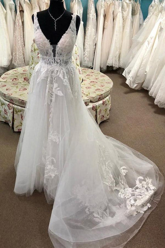 NumberSea Tulle A-line Lace Appliqued Deep V-neck Court Train Wedding Dresses, MW924