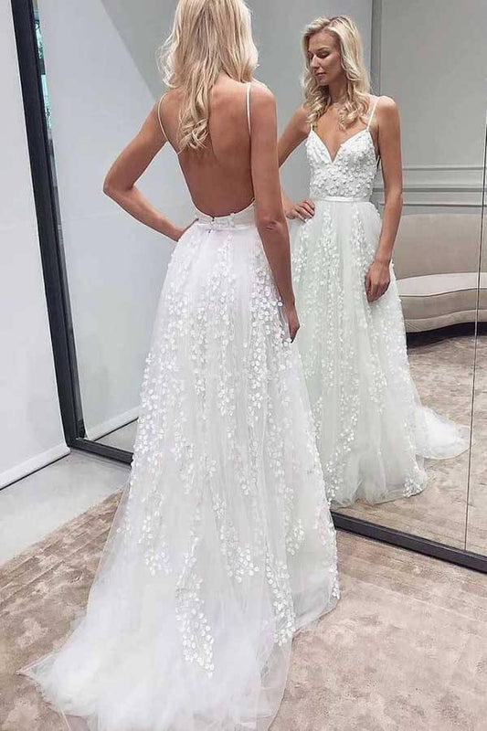 NumberSea Tulle A-line Lace Appliqued Spaghetti Straps Wedding Dress, Wedding Gown, MW726