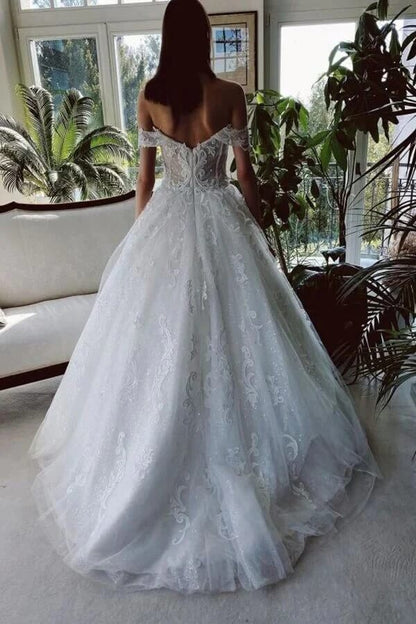 NumberSea Tulle A-line Off-the-Shoulder Beaded Wedding Dresses With Lace Appliques, MW780