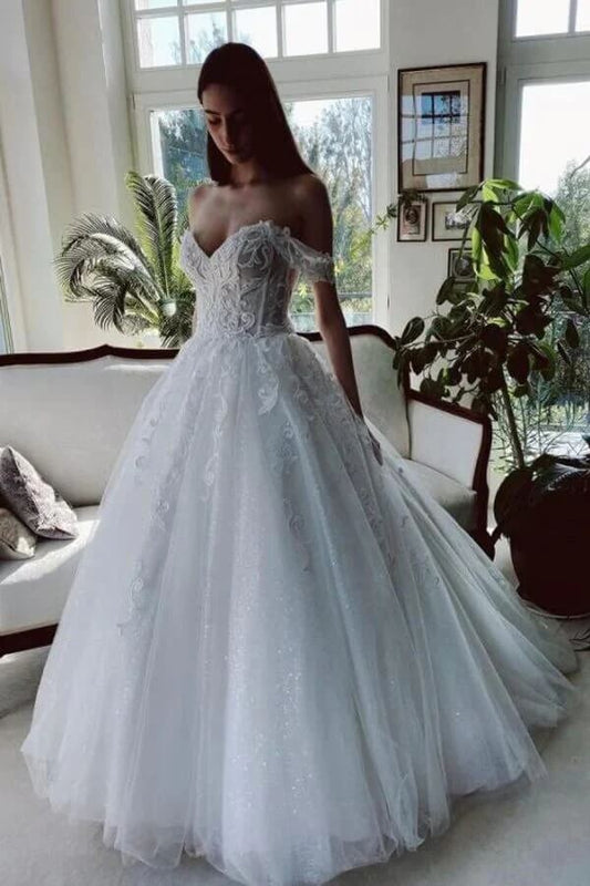 NumberSea Tulle A-line Off-the-Shoulder Beaded Wedding Dresses With Lace Appliques, MW780