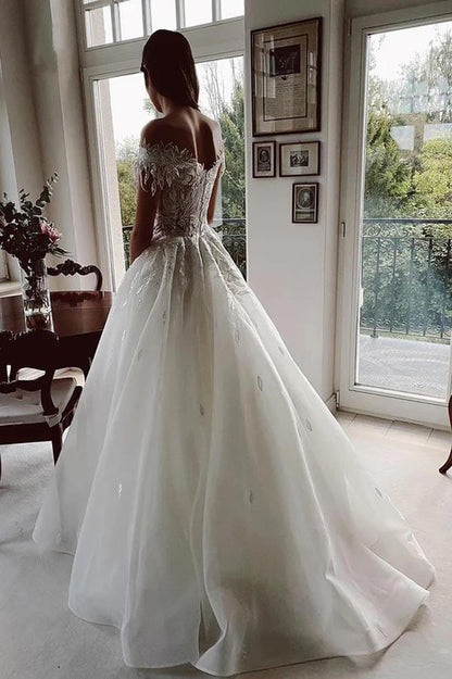 NumberSea Tulle A-line Off-the-Shoulder Lace Appliqued Rustic Wedding Dresses, MW1020