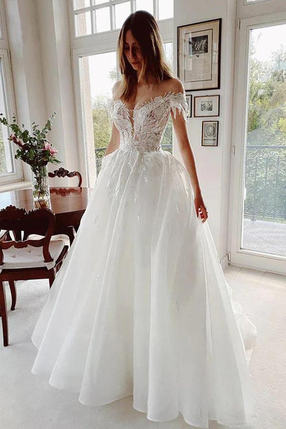 NumberSea Tulle A-line Off-the-Shoulder Lace Appliqued Rustic Wedding Dresses, MW1020