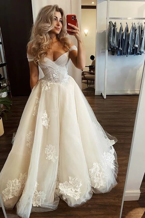 NumberSea Tulle A-line Off-the-Shoulder Wedding Dresses With Floral Appliques, MW1003