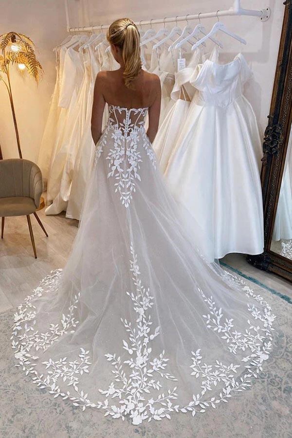 NumberSea Tulle A-line Off-the-Shoulder Wedding Dresses With Lace Appliques, MW912