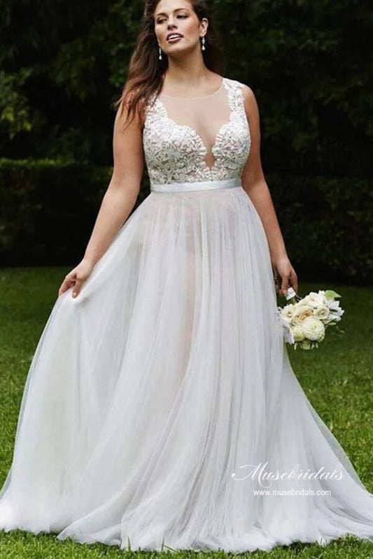 NumberSea Tulle A-line Scoop Lace Appliques Plus Size Wedding Dress, Bridal Gown, MW988