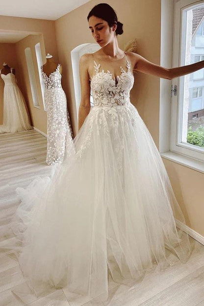 NumberSea Tulle A-line Sheer Neck Wedding Dress With Lace Appliques, Bridal Gown, MW917