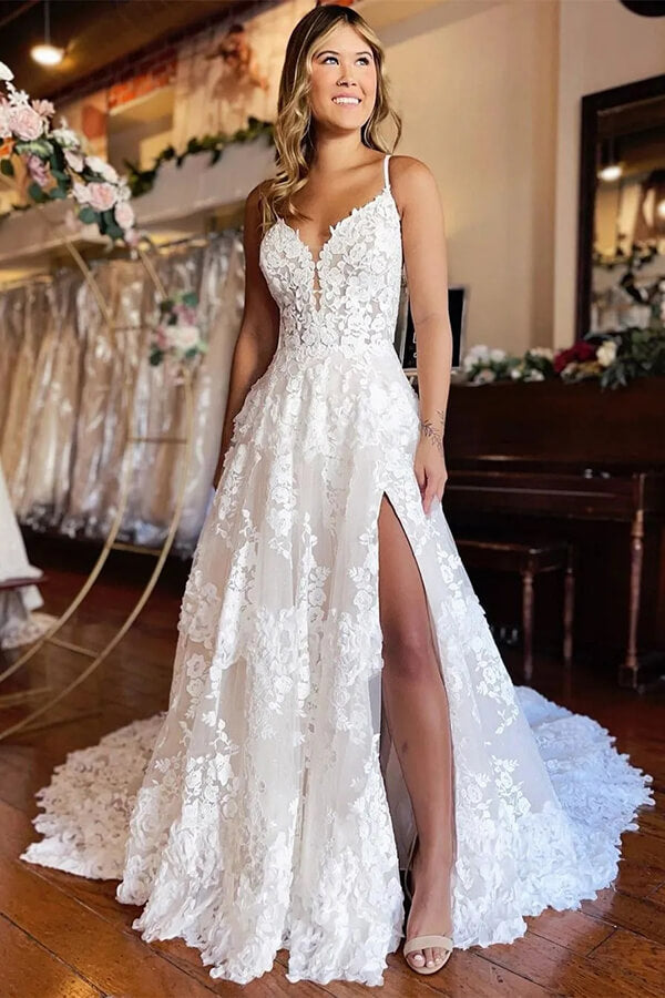 NumberSea Tulle A-line Spaghetti Straps Sweetheart Wedding Dresses With High Slit, MW864