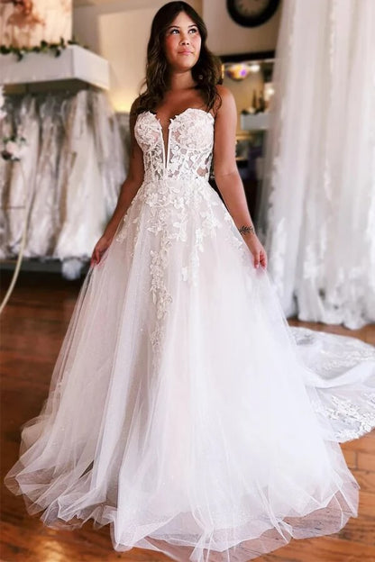 NumberSea Tulle A-line Strapless Princess Wedding Dresses With Lace Appliques, MW1016