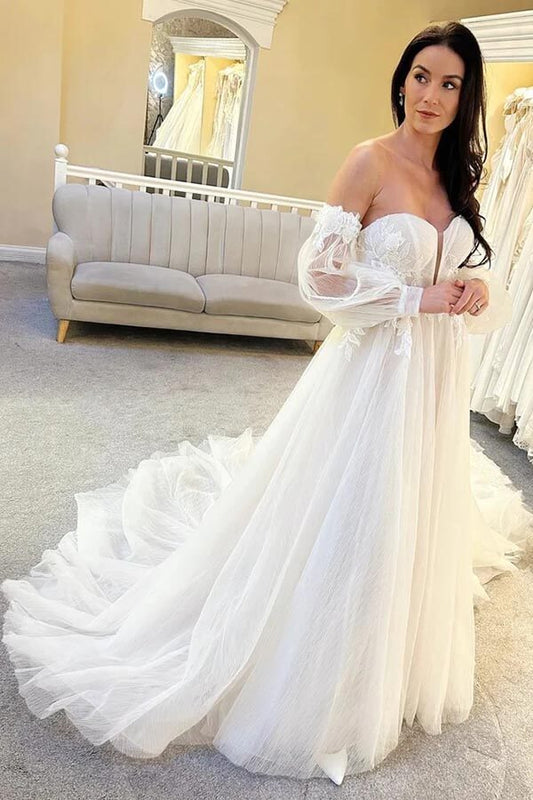 NumberSea Tulle A-line Sweetheart Neck Wedding Dresses With Balloon Sleeves, MW949