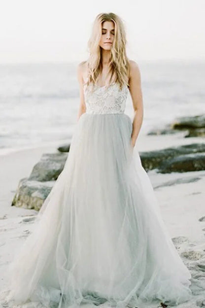 NumberSea Tulle A-line Sweetheart Strapless Bohemian Modest Wedding Dresses, MW1027