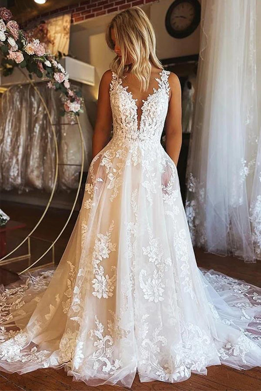 NumberSea Tulle A-line V-neck Backless Boho Wedding Dresses With Lace Appliques, MW901