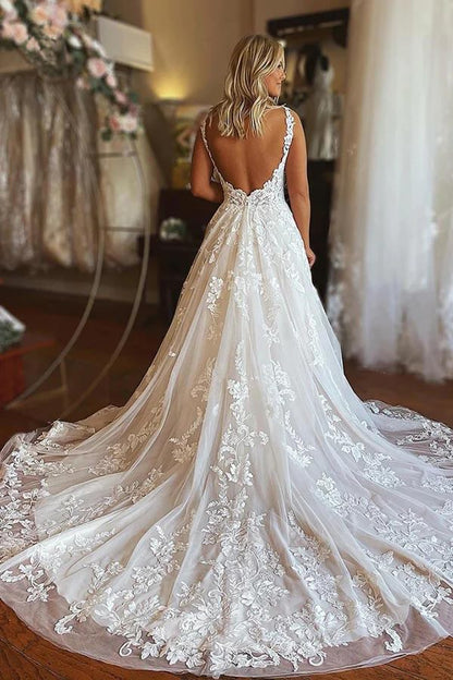 NumberSea Tulle A-line V-neck Backless Boho Wedding Dresses With Lace Appliques, MW901