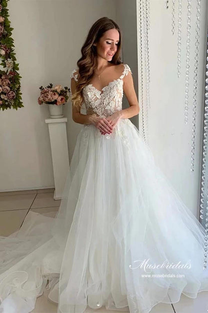 NumberSea Tulle A-line V-neck Cap Sleeves Wedding Dresses With Lace Appliques, MW945