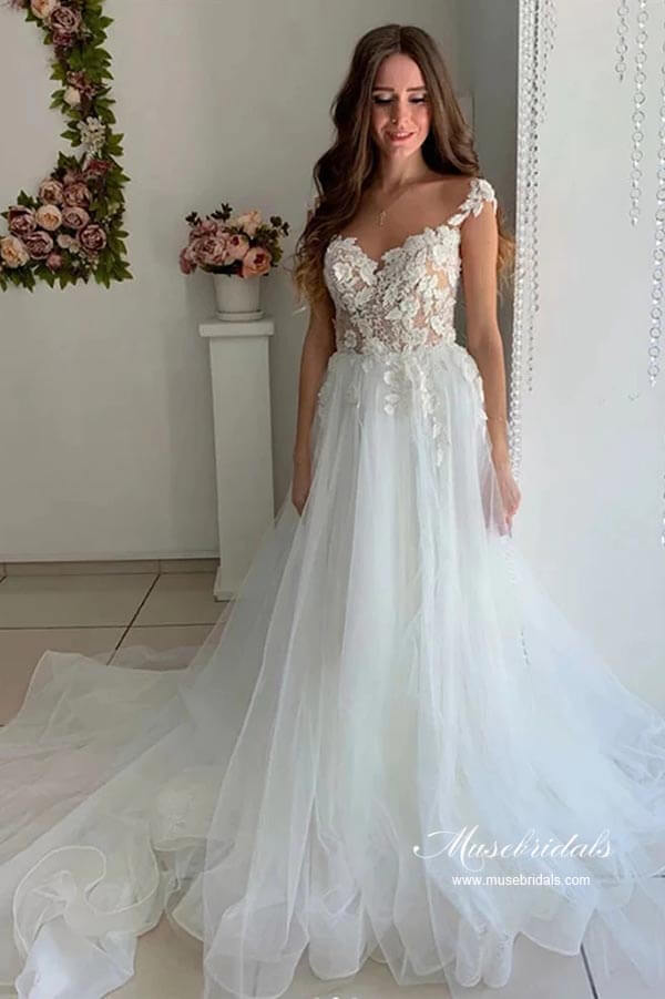 NumberSea Tulle A-line V-neck Cap Sleeves Wedding Dresses With Lace Appliques, MW945