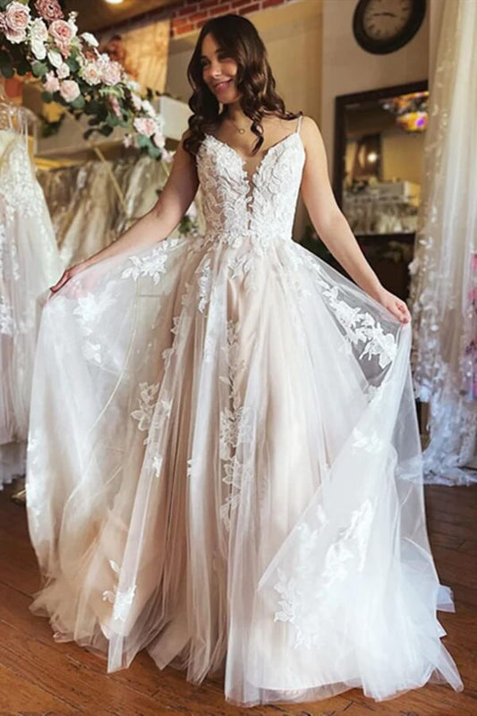 NumberSea Tulle A-line V-neck Spaghetti Straps Wedding Dresses With Lace Appliques, MW759