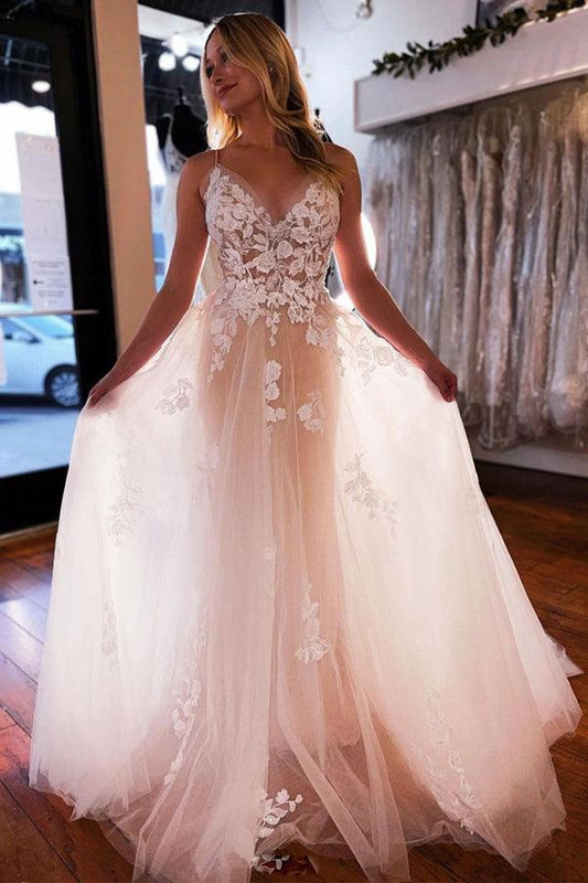 NumberSea Tulle A-line V-neck Wedding Dress With Lace Appliques, Wedding Gown, MW923