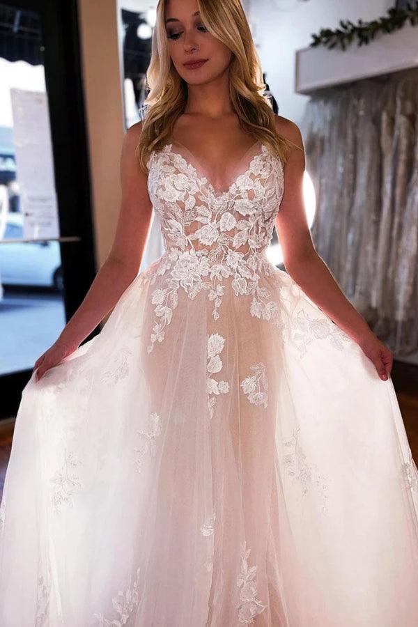 NumberSea Tulle A-line V-neck Wedding Dress With Lace Appliques, Wedding Gown, MW923