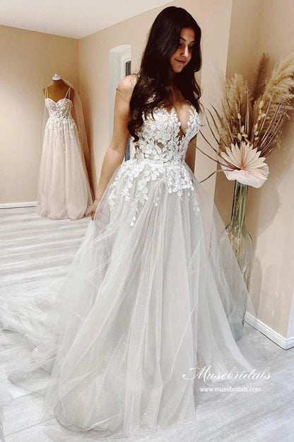 NumberSea Tulle A-line V-neck Wedding Dresses With Lace Appliques, Bridal Gown, MW921