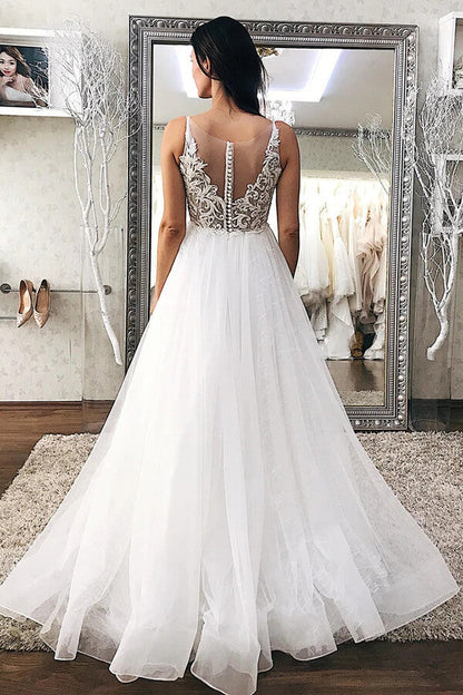 NumberSea Tulle A-line V-neck Wedding Dresses With Lace Appliques, Bridal Gowns, MW711