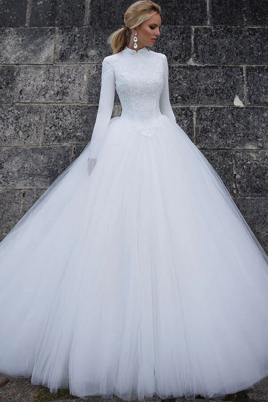 NumberSea Tulle Ball Gown High Collar Long Sleeves Wedding Dresses, Wedding Gown, MW789