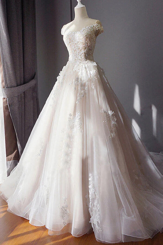 NumberSea Tulle Ball Gown Off-the-Shoulder Beaded Lace Appliques Wedding Dresses, MW799