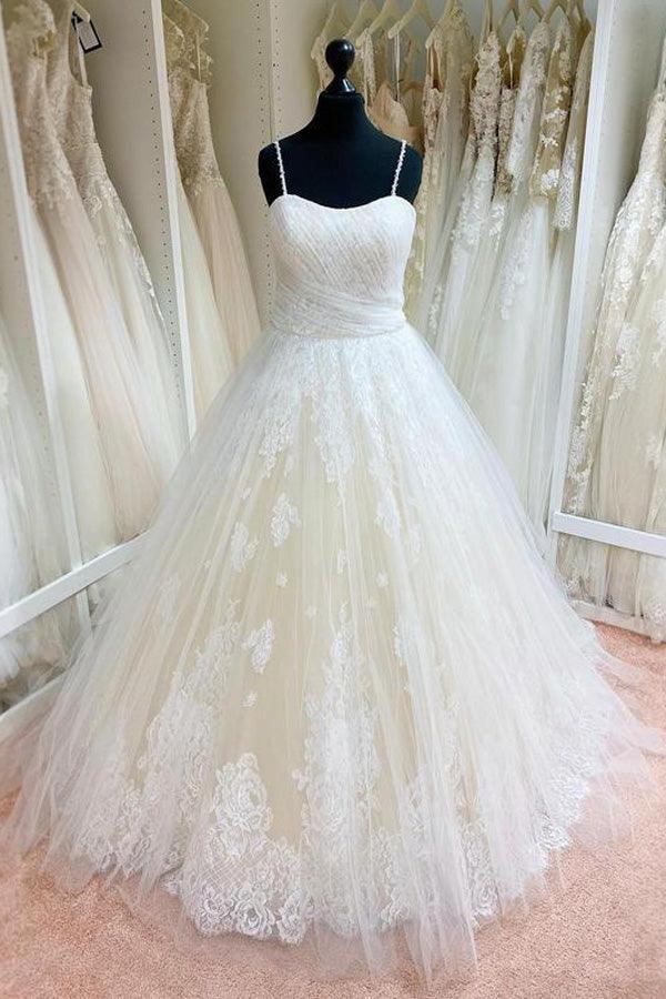 NumberSea Tulle Ball Gown Spaghetti Straps Lace Appliques Wedding Dresses, MW975