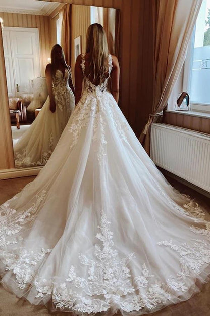 NumberSea Tüll Ballkleid V-Ausschnitt Spitzenapplikationen Hochzeitskleider, Brautkleid, MW876