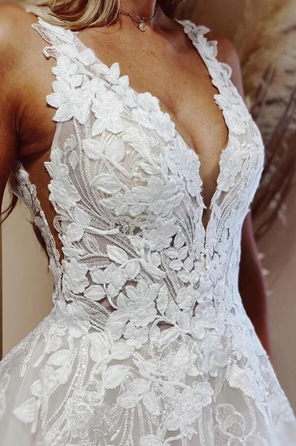 NumberSea Tüll Ballkleid V-Ausschnitt Spitzenapplikationen Hochzeitskleider, Brautkleid, MW876