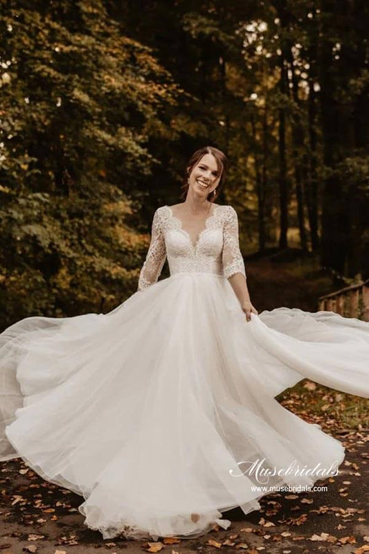 NumberSea Tüllspitze A-Linie 3/4 Ärmel rückenfrei Hochzeitskleider Brautkleid MW878