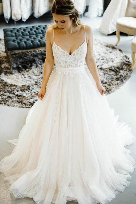 NumberSea Tulle Lace A-line Spaghetti Straps Wedding Dresses With Court Train, MW653