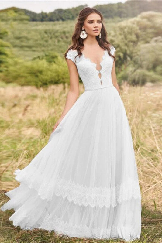 NumberSea Tulle Lace A-line V-neck Cap Sleeves Rustic Wedding Dresses, Bridal Gown, MW751