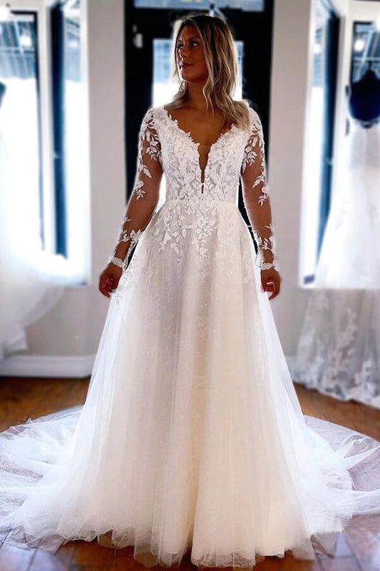 NumberSea Tulle Lace A-line V-neck Long Sleeves Wedding Dresses, Wedding Gown, MW717