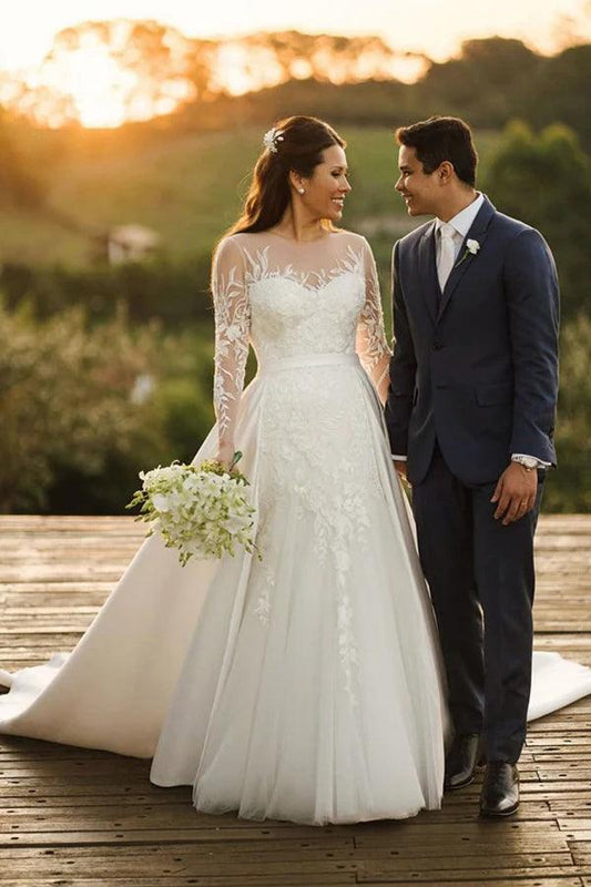 NumberSea Tulle Lace Long Sleeves Rustic Wedding Dresses With Detachable Satin, MW860