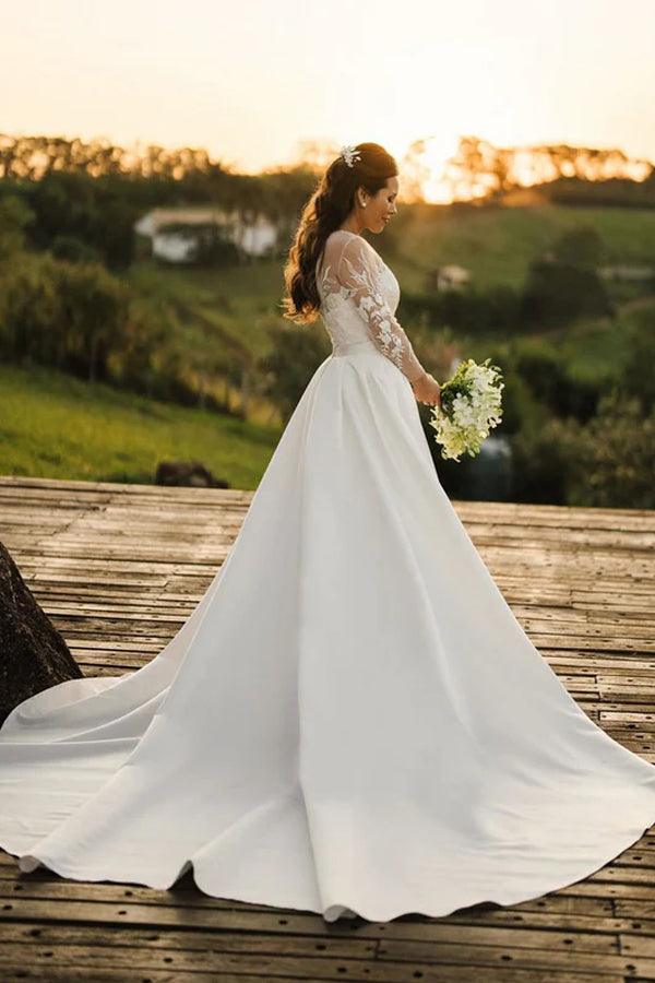 NumberSea Tulle Lace Long Sleeves Rustic Wedding Dresses With Detachable Satin, MW860