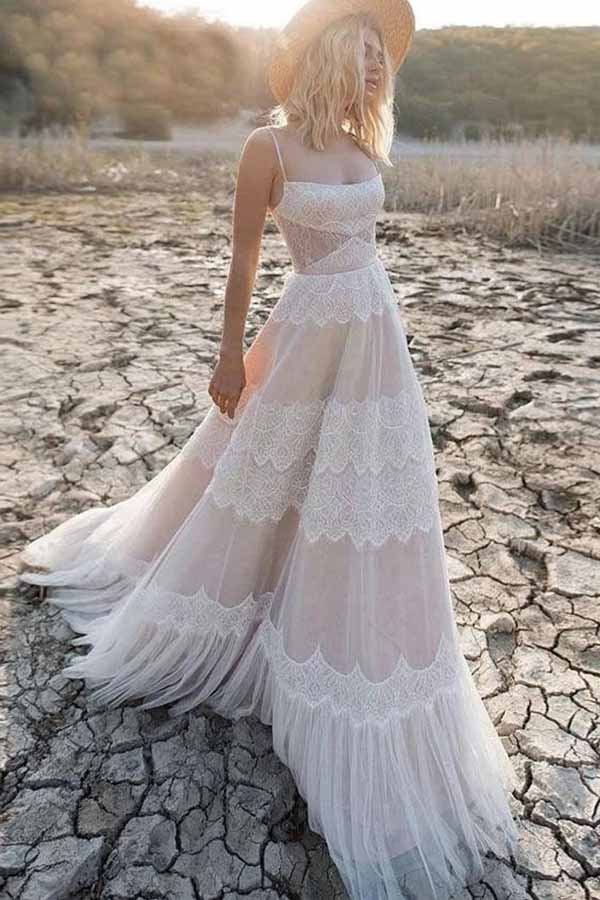 NumberSea Tulle Lace Spaghetti Straps Boho Wedding Dresses, A-line Bridal Gown, MW715