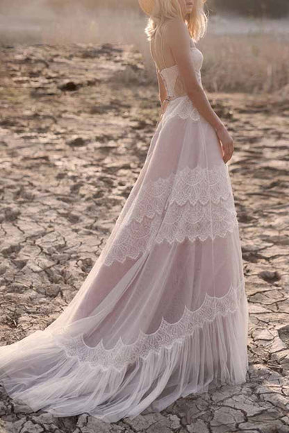 NumberSea Tulle Lace Spaghetti Straps Boho Wedding Dresses, A-line Bridal Gown, MW715