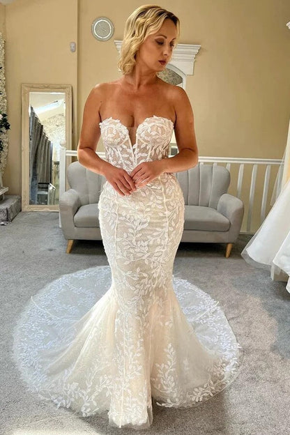 NumberSea Tulle Mermaid Strapless Sweetheart Lace Appliqued Wedding Dresses, MW1000