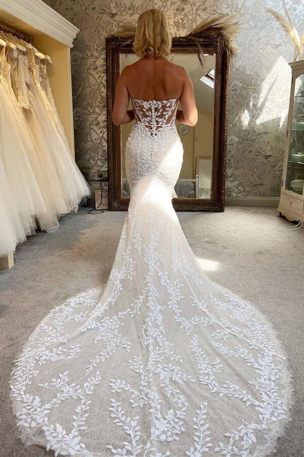 NumberSea Tulle Mermaid Strapless Sweetheart Lace Appliqued Wedding Dresses, MW1000