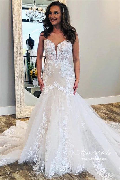 NumberSea Tulle Mermaid Strapless Sweetheart Lace Appliques Wedding Dresses, MW995