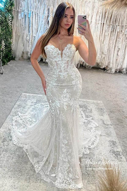 NumberSea Tulle Mermaid Sweetheart Lace Appliques Wedding Dresses With Train, MW922