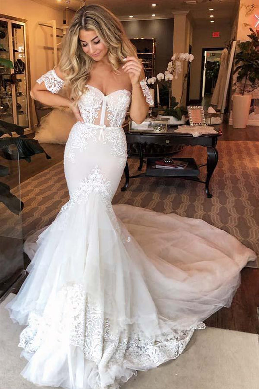 NumberSea Tulle Mermaid Sweetheart Lace Appliques Wedding Dresses, Bridal Gown, MW744