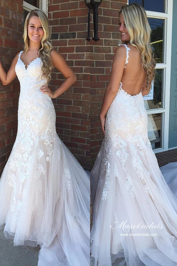 NumberSea Tulle Mermaid V-neck Backless Lace Appliques Wedding Dress With Train, MW994