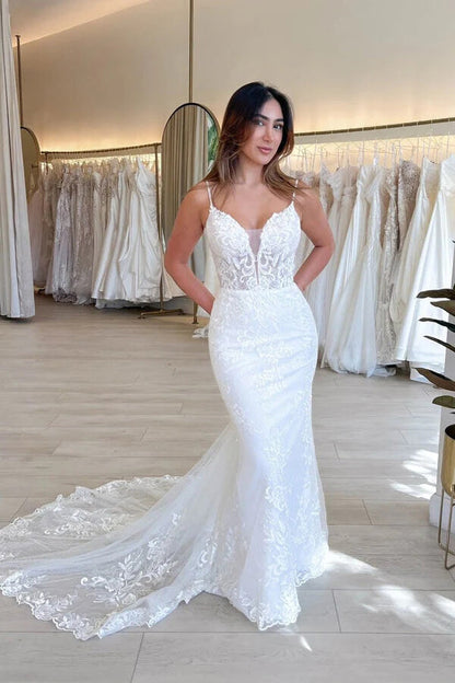 NumberSea Tüll Meerjungfrau V-Ausschnitt Spitzenapplikationen Hochzeitskleider, Brautkleid, MW927