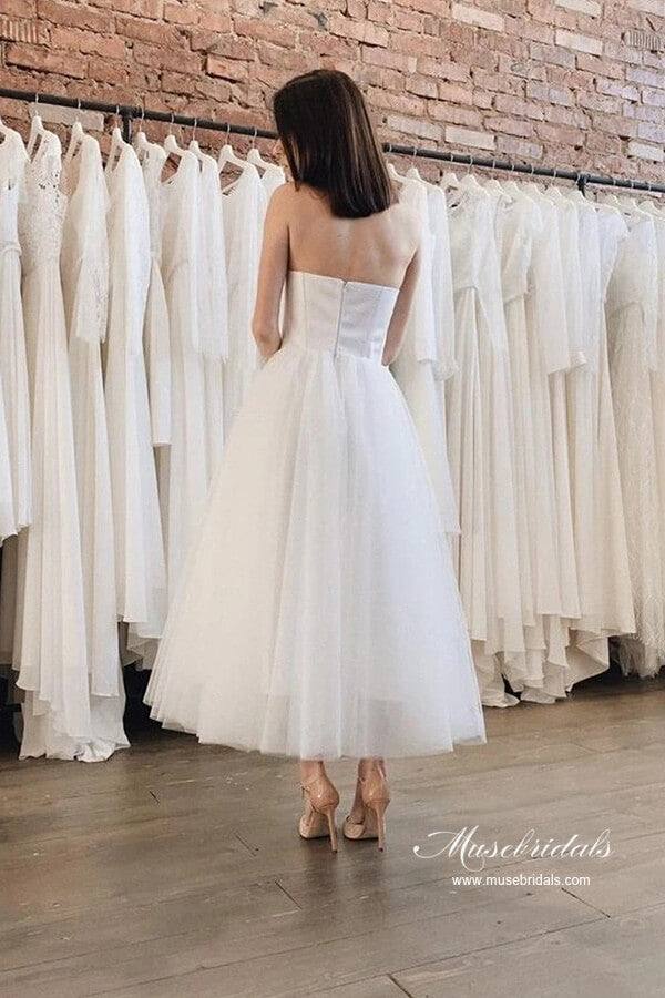 NumberSea Tulle Satin Ankle Length Strapless Short Wedding Dresses, Bridal Dress, MW970