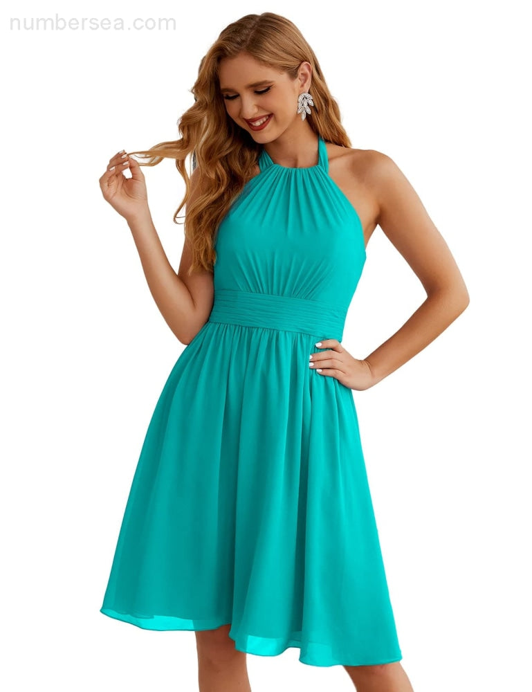 Numbersea Halter Chiffon Bridesmaid Dresses Short Sleeveless Formal Party Dress Open Back Sea28023