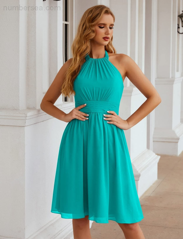 Numbersea Halter Chiffon Bridesmaid Dresses Short Sleeveless Formal Party Dress Open Back Sea28023