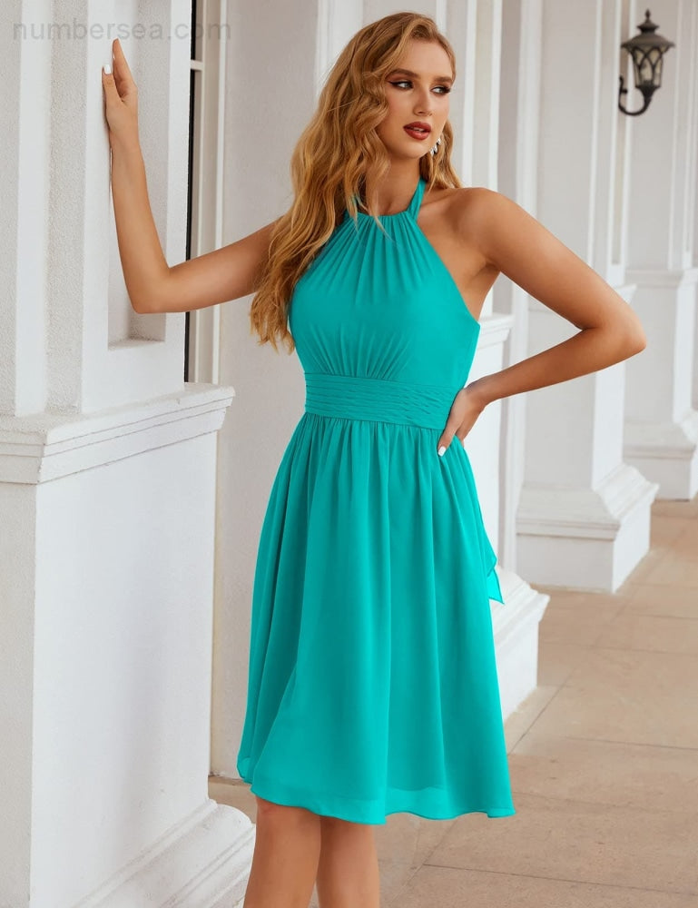 Numbersea Halter Chiffon Bridesmaid Dresses Short Sleeveless Formal Party Dress Open Back Sea28023