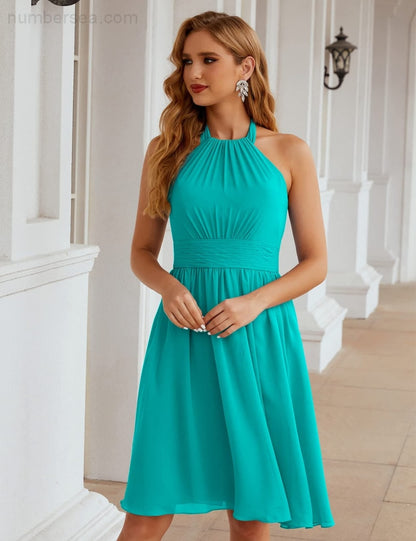 Numbersea Halter Chiffon Bridesmaid Dresses Short Sleeveless Formal Party Dress Open Back Sea28023