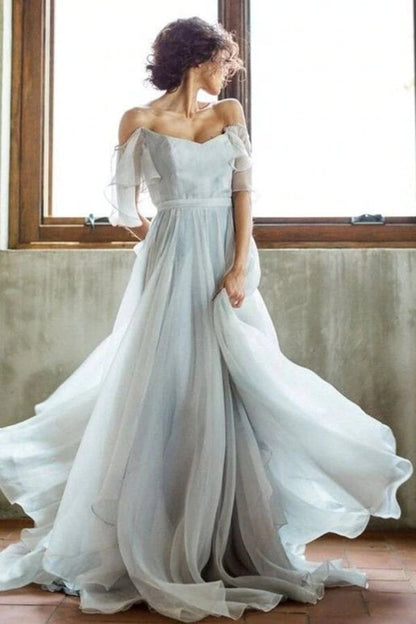 NumberSea Unique Grey Chiffon A-line Off Shoulder Wedding Dress, Wedding Gown, MW712